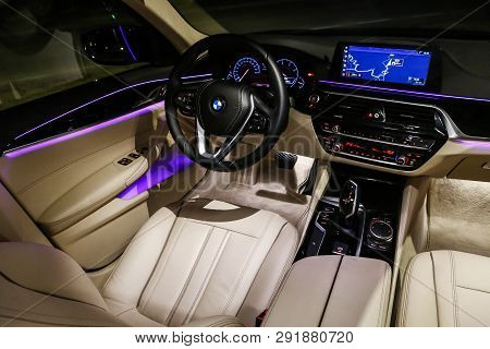 Catalonia, Spain - March 8, 2019: Interior Of The Luxury Motor Car Bmw 520d (g30).