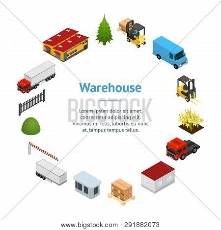 Warehouse Concept Banner Card Circle 3d Isometric View. Vector