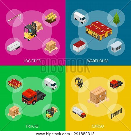 Warehouse Concept Banner Set 3d Isometric View. Vector