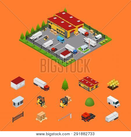 Warehouse And Elements Concept 3d Isometric View. Vector