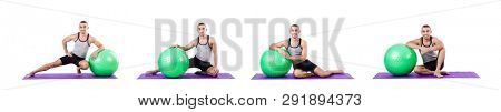 Man with swiss ball doing exercises on white