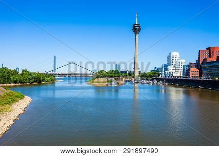 Rheinturm And Media Harbour District In Dusseldorf City In Germany