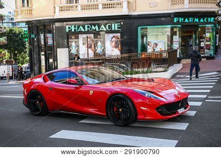 Monte-carlo, Monaco - March 12, 2019: Red Supercar Ferrari 812 Superfast In The City Street.
