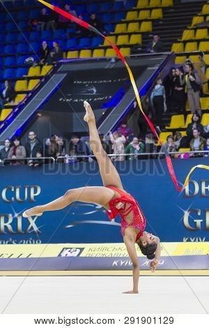 Kyiv, Ukraine - March 16, 2019:  Nastasya Generalova (usa) Performs With Ribbon At Deriugina Cup Gra