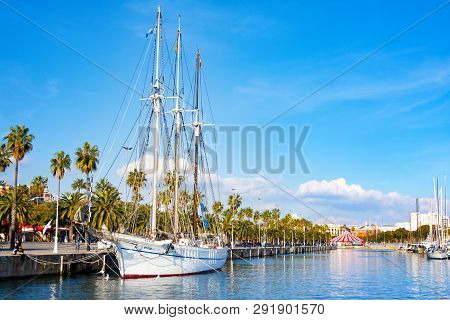 Barcelona, Spain - January 19, 2019: Santa Eulalia, Three Masted Schooner, Port Vell. Launched In 19
