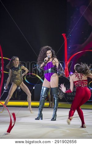 Kyiv, Ukraine - March 17, 2019:  Nk (nastya Kamenskykh) Performs With Gymnasts At Gala Concert Of De