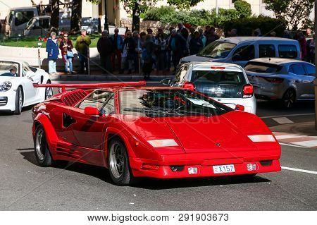 Monte-carlo, Monaco - March 12, 2019: Red Retro Supercar Lamborghini Countach In The City Street.