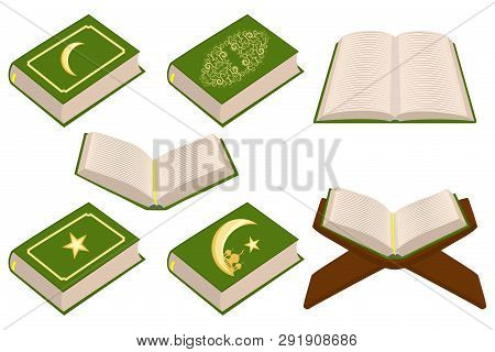 Illustration On Theme Set Different Types Books, Prayer To Celebration Holiday Ramadan. Book Pattern