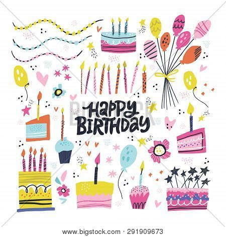 Birthday Party Hand Drawn Illustrations Set. Greeting Card, Invitation Design Elements. Handwritten 