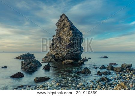 Nerja, Malaga, Andalusi, Spain - February 7, 2019: Molino Beach, Small Stone Beach With Large Rock O