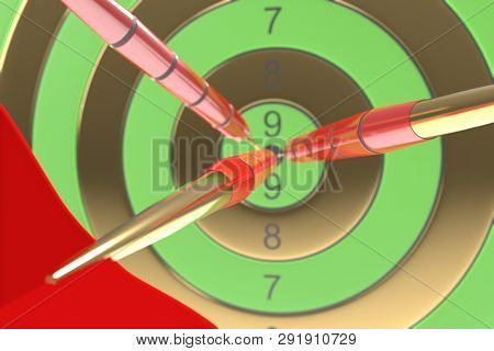 Three Red Darts Hitting The Bullseye. 3d Illustration
