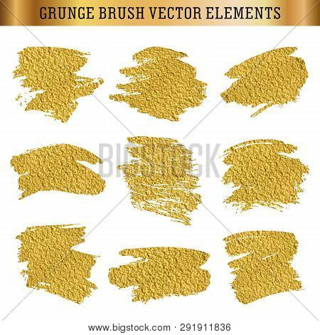 Gold Set Of Hand Drawn Grunge Brush Texture Elements, Vector Backgrounds For Text