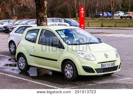 Annecy, France - March 13, 2019: Compact Car Renault Twingo In The City Street.