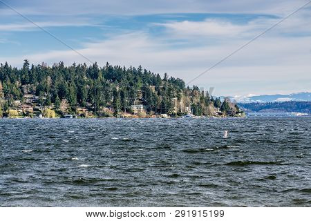 A View Of Waterfron Home On Mercer Island Near Seattle, Washington.