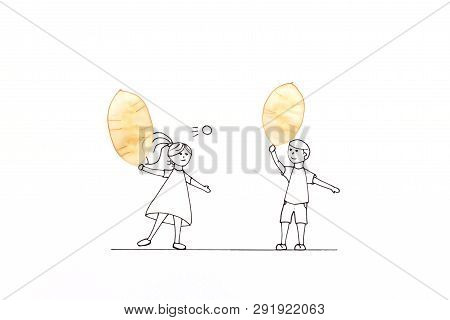 Hand Drawing Couples Having Fun Playing Tennis With Rackets Made Of Translucent Seedpods. Minimal, C