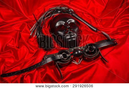 Bondage, Kinky Adult Sex Games, Kink And Bdsm Lifestyle Concept With A Mask, Pair Of Leather Handcuf