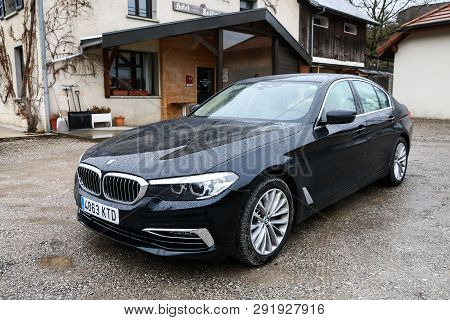 Aviernoz, France - March 14, 2019: Motor Car Bmw 520d (g30) In The Town Street.