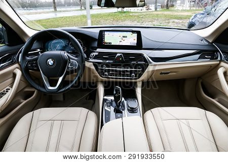 Auvergne-rhone-alpes, France - March 14, 2019: Interior Of The Luxury Motor Car Bmw 520d (g30).