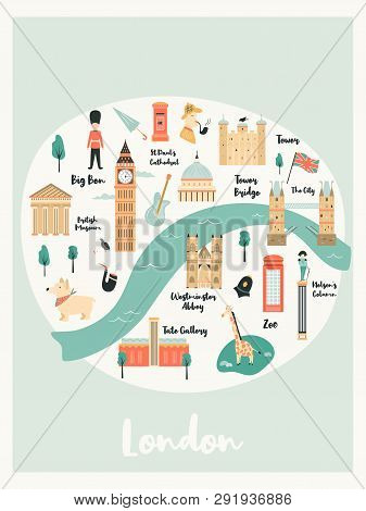Illustrated Map Of London With Landmarks, Characters And Symbols. Vector Design