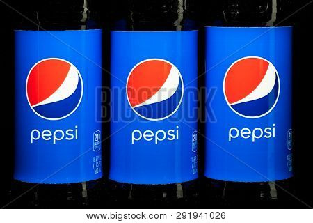 St. Paul, Mn/usa - March 6, 2019: Pepsi Cola Soda In Grouping Of Three. Pepsi Is A Carbonated Soft D