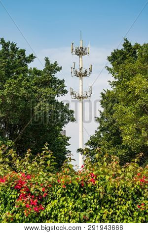communication tower for 3G 4G network telephone cellsite with dusk sky 