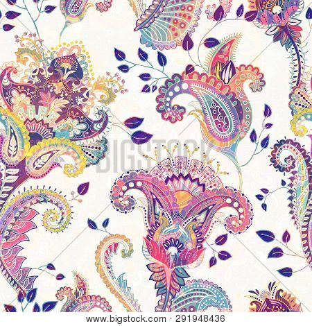 Jacobean Seamless Pattern. Flowers Background, Ethnic Style. Stylized Climbing Flowers. Decorative O