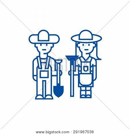 Farmers, Woman And Man With Tools Line Icon Concept. Farmers, Woman And Man With Tools Flat  Vector 