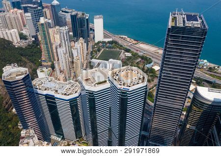 Tai Koo, Hong Kong 19 March 2019: Top view of Hong Kong city