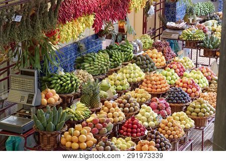 Exotic Fruits On Famous Market In Funchal (mercado Dos Lavradores), Portuguese Island Of Madeira