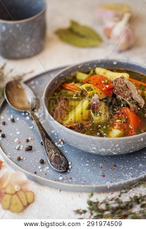 Sherpa - Oriental Soup With Vegetables And Lamb. Shurpa Is A Traditional Soup Of Central Asian Cuisi