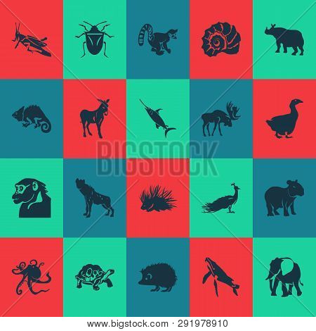 Animal Icons Set With Hyena, Porcupine, Chamelon And Other Gorilla Elements. Isolated Vector Illustr