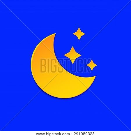 Moon Weather Forecast Info Icon. Yellow Night Symbol, Stars Paper Cut Style On Blue. Climate Weather