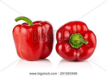 Group Of Two Whole Bulgarian Red Bell Pepper Isolated On White Background