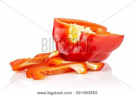 Group Of One Half Four Slices Of Bulgarian Red Bell Pepper Isolated On White Background