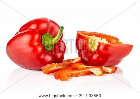 Group Of One Whole One Half Four Slices Of Bulgarian Red Bell Pepper Isolated On White Background