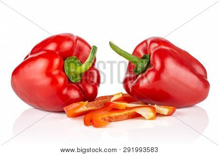 Group Of Two Whole Four Slices Of Bulgarian Red Bell Pepper Isolated On White Background