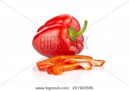 Group Of One Whole Three Slices Of Bulgarian Red Bell Pepper Isolated On White Background