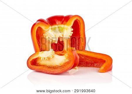 Group Of Two Halves Two Slices Of Bulgarian Red Bell Pepper Isolated On White Background