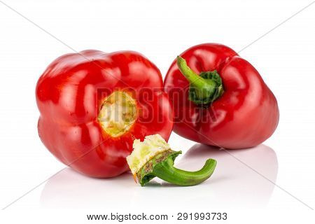 Group Of Two Whole Bulgarian Red Bell Pepper Isolated On White Background