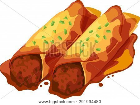 Two Beef Enchiladas Covered With Sauce And Topped With Herbs. Isolated Vector Illustration.