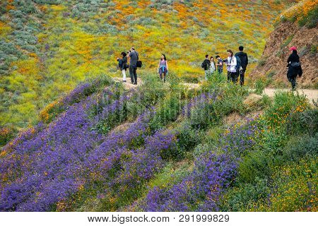 Lake Elsinore, California - March 20, 2019: Tourists Take Photos And Walk The Trail At Walker Canyon