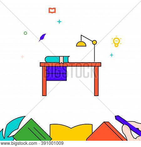 Writing Desk With Lamp, Workplace Filled Line Vector Icon, Simple Illustration, Education And Creati