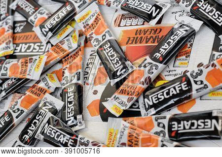 Many Nescafe Caramel Cream Coffee Sticks. Nescafe Is A Brand Of Coffee Made By Nestle, Swiss Multina