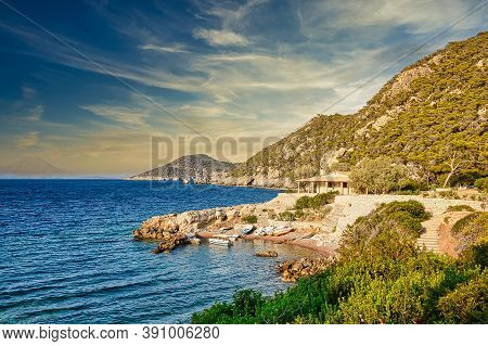 Beautiful Bay View On Mediterranean Seashore, Sterna Beach, Peloponessos, Greece