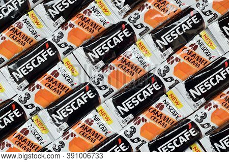 Many Nescafe Caramel Cream Coffee Sticks. Nescafe Is A Brand Of Coffee Made By Nestle, Swiss Multina