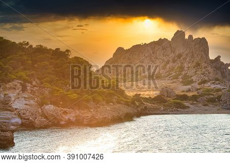Dramatic Sunset Over Sea And Mounains, Sterna Beach, Peloponessos, Greece