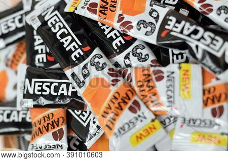 Many Nescafe Caramel Cream Coffee Sticks. Nescafe Is A Brand Of Coffee Made By Nestle, Swiss Multina