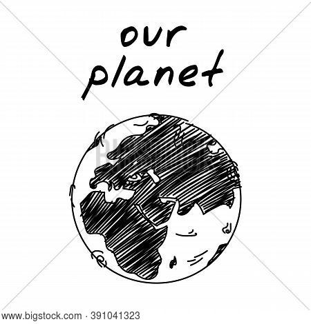 Earth Globe Handdrawn Icon. Cute Cartoon Vector Clip Art Of The Earth Sphere. Black And White Sketch