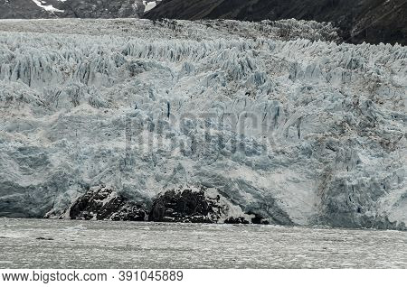 Sarmiento Channel, Chile - December 11, 2008: Closeup Of Blueish Part Of Amalia Glacier Breaking Dow