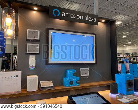 Orlando, Fl/usa - 10/14/20:  The Amazon Alex Home Device Display At A Best Buy Retail Store In Orlan
